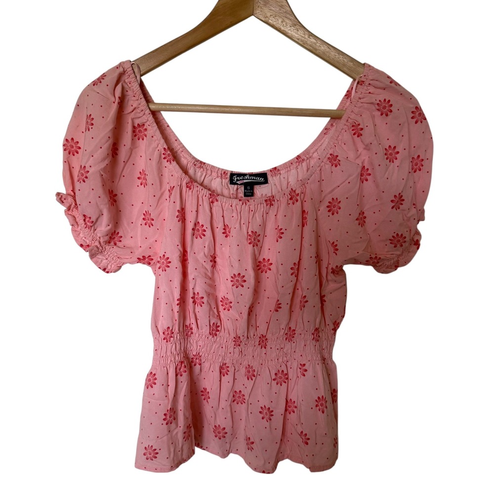 Freshman Blouse Women S Pink Good Floral Smocked Puff Sleeve Peplum Boho Top